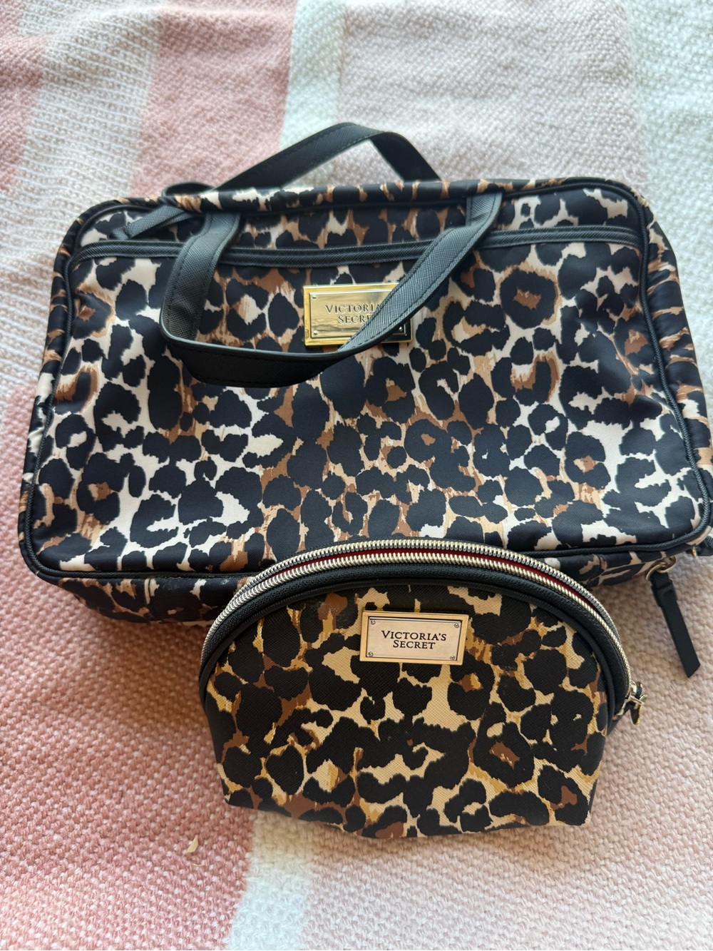 Victoria's Secret Leopard Print Travel Tote & Cosmetic Pouch - Black/Brown/Cream